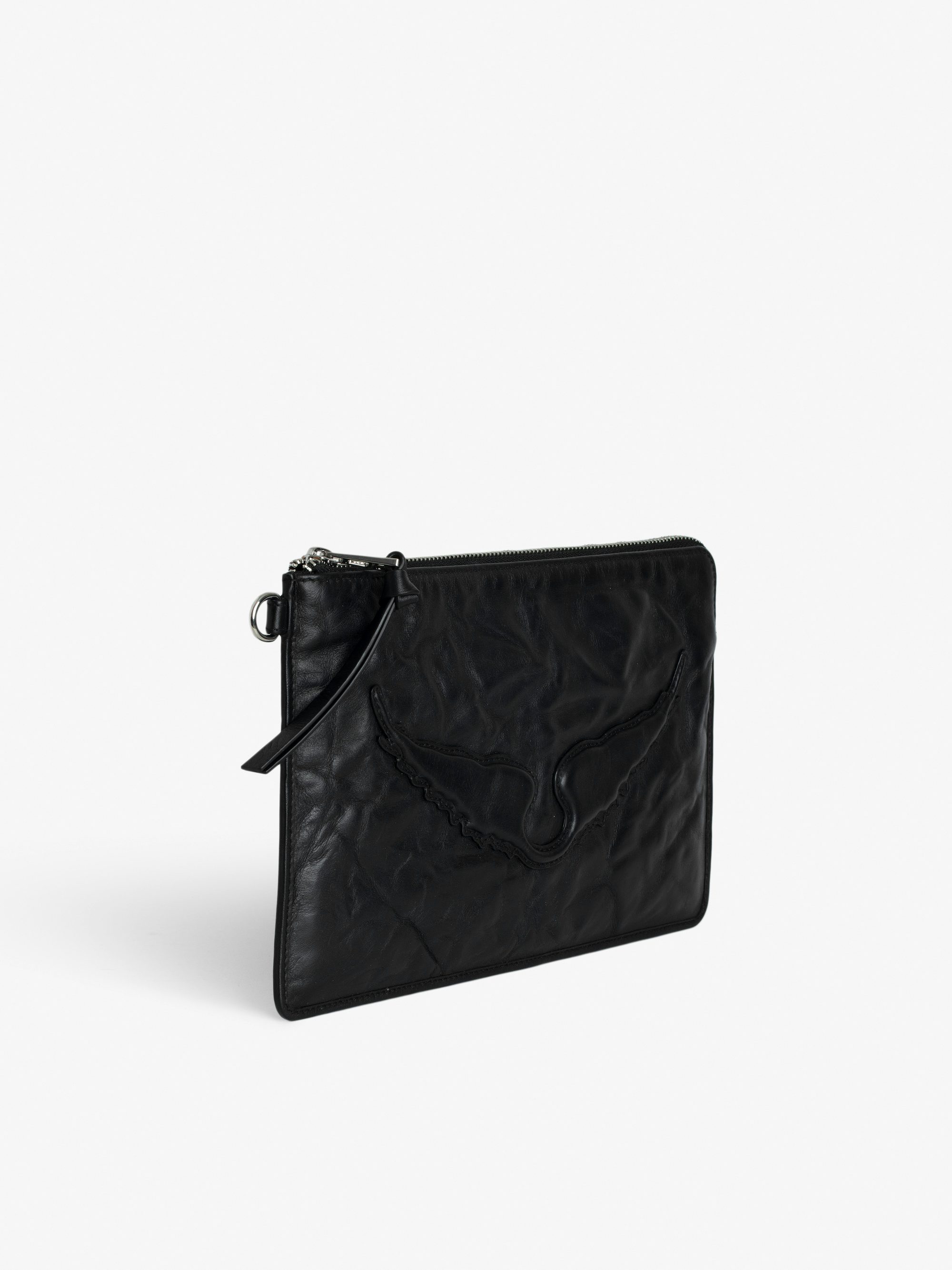 Angel Pochette - Grained leather clutch adorned with an embossed wing signature.
